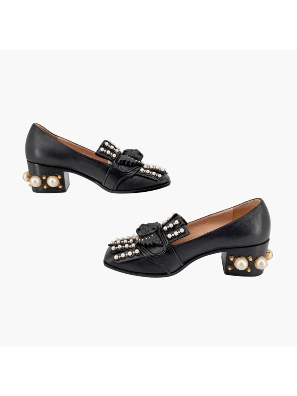 Gucci Lion Head Pearl Fringe Block Heel Loafer Pumps Black Leather Size 37 US 7 - Picture 11 of 15